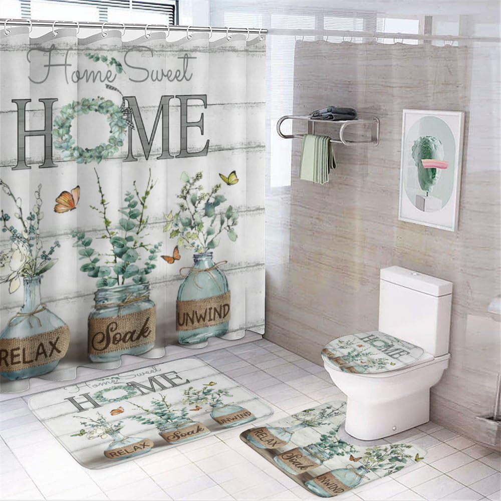 4PCS Shower Curtain Sets with Rugs Farmhouse Shower Curtain Neutral Rustic Country Shower Curtain Sets Purple Lavender Flower Shower Curtain Sets Bathroom Decor with Non-Slip Bath Mat Toilet Rug