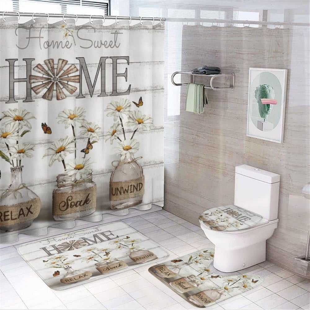 4PCS Shower Curtain Sets with Rugs Farmhouse Shower Curtain Neutral Rustic Country Shower Curtain Sets Purple Lavender Flower Shower Curtain Sets Bathroom Decor with Non-Slip Bath Mat Toilet Rug