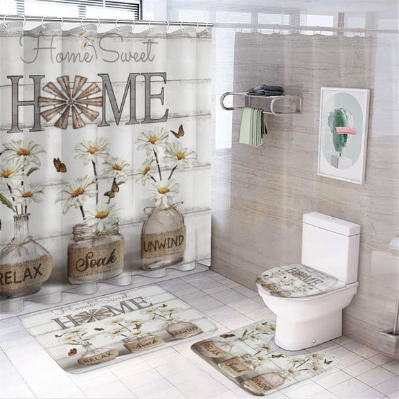 4PCS Shower Curtain Sets with Rugs Farmhouse Shower Curtain Neutral Rustic Country Shower Curtain Sets Purple Lavender Flower Shower Curtain Sets Bathroom Decor with Non-Slip Bath Mat Toilet Rug