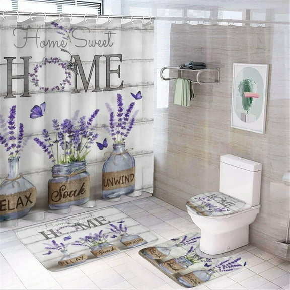 4PCS Shower Curtain Sets with Rugs Farmhouse Shower Curtain Neutral Rustic Country Shower Curtain Sets Purple Lavender Flower Shower Curtain Sets Bathroom Decor with Non-Slip Bath Mat Toilet Rug