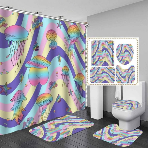 4PCS Shower Curtain Sets with Rugs, Waterproof Fabric Shower Curtain, Checkered Checkerboard Disco Rainbow Flower Butterfly 70S Retro Cute Abstract Funky Boho Aesthetic Bathroom Decor