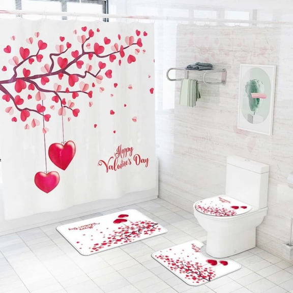 4PCS Shower Curtain Sets with Non-Slip Rug, Valentine's Day Decor with Non-Slip Rugs, Toilet Lid Cover and Bath Mat, Curtain Bathroom Accessories Set