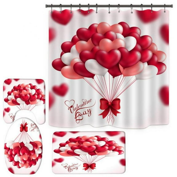 4PCS Shower Curtain Sets with Non-Slip Rug, Valentine's Day Decor with Non-Slip Rugs, Toilet Lid Cover and Bath Mat, Curtain Bathroom Accessories Set