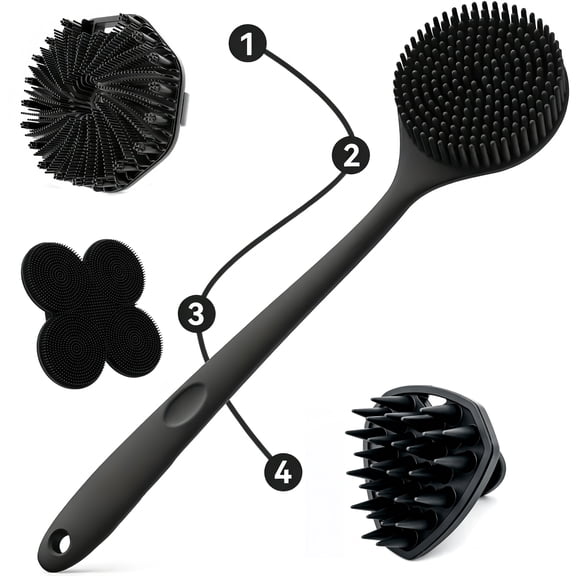 4PCS Silicone Back & Body Scrubber Set, Dual-Sided Exfoliating Bath Brush with Long Handle and Non-Slip Grip