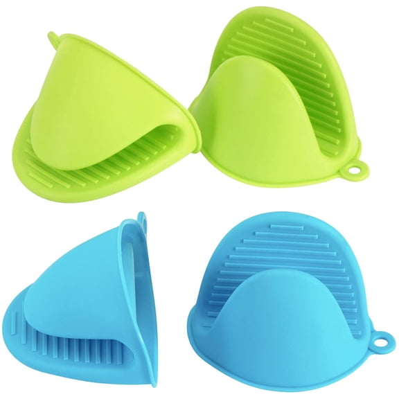 4PCS Silicone Oven Mitts Heat Resistant, Silicone Potholders for Kitchen, Mini Rubber Oven Glove Kitchen Mittens, Cute Cooking Mitts (Blue and Green)