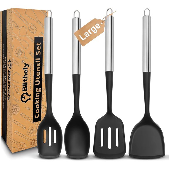 4PCS Silicone Spatula Spoon Set, Large Silicone Cooking Utensils Set with Stainless Steel Handle, Heat Resistant Cooking Spatula Set, Nonstick Solid and Slotted Turners, Serving Spoon (Black Silver)