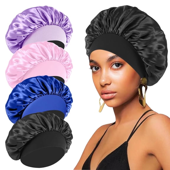 4PCS Silk Satin Bonnets for Black Women & Men - Elastic Wide Band Hair Wrap Cap for Curly Hair - Shower Cap for Sleeping (Black, Peacock Blue, Pink, Khaki)