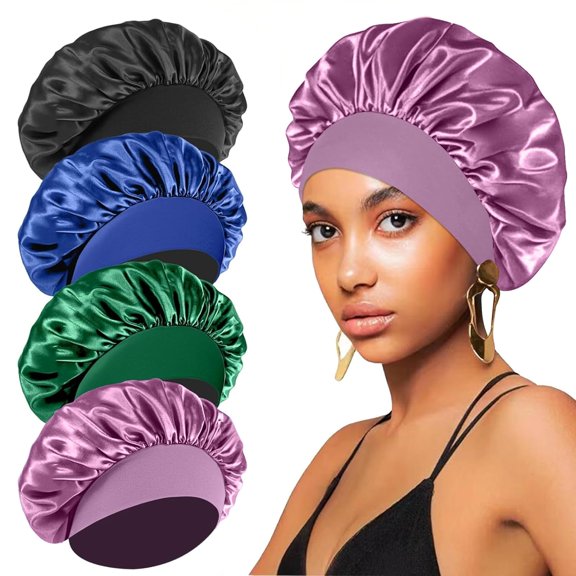 4PCS Silk Satin Bonnets for Black Women & Men - Elastic Wide Band Hair Wrap Cap for Curly Hair - Shower Cap for Sleeping (Black, Peacock Blue, Pink, Khaki)