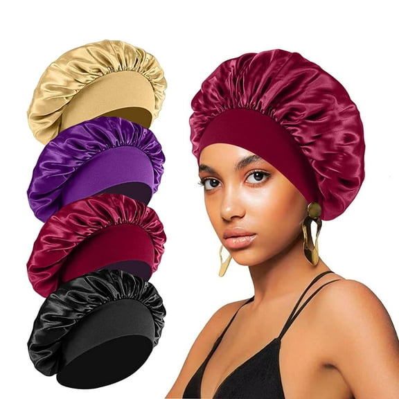 4PCS Silk Satin Bonnets for Black Women & Men - Elastic Wide Band Hair Wrap Cap for Curly Hair - Shower Cap for Sleeping (Black, Peacock Blue, Pink, Khaki)