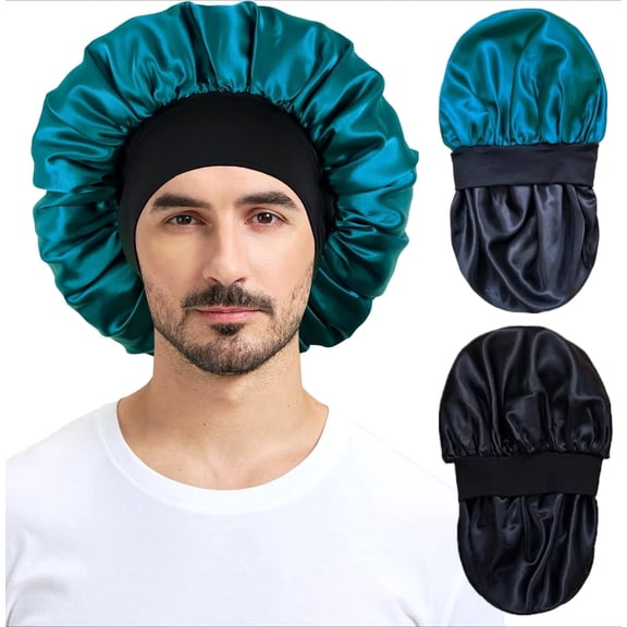 2PCS Silk Satin Bonnets for Men & Women - Double Layer Large Unisex Sleep Cap for Curly Hair, Braids, Locs, and Waves, Soft Elastic Hair Bonnet for Sleeping