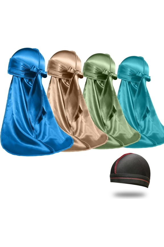4PCS Silky Durags for Men Women 360 Waves with 1 Wave Cap, Silky Satin Durag Extra Long Tails