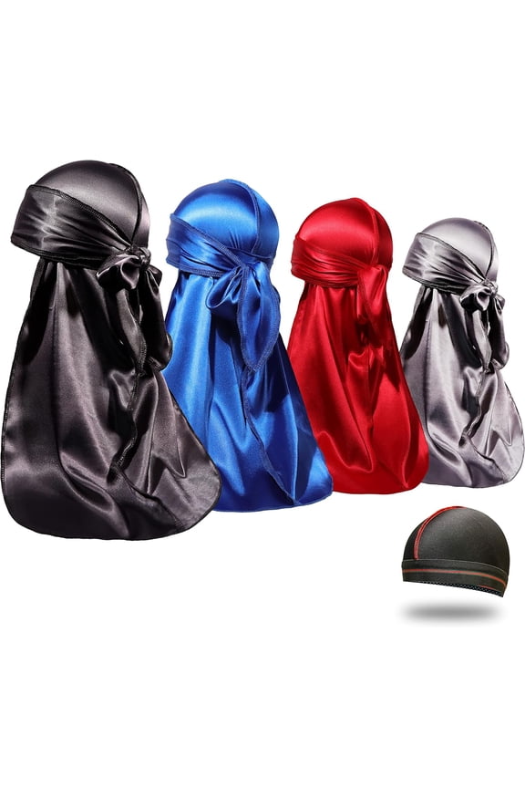 4PCS Silky Durags for Men Women 360 Waves with 1 Wave Cap, Silky Satin Durag Extra Long Tails