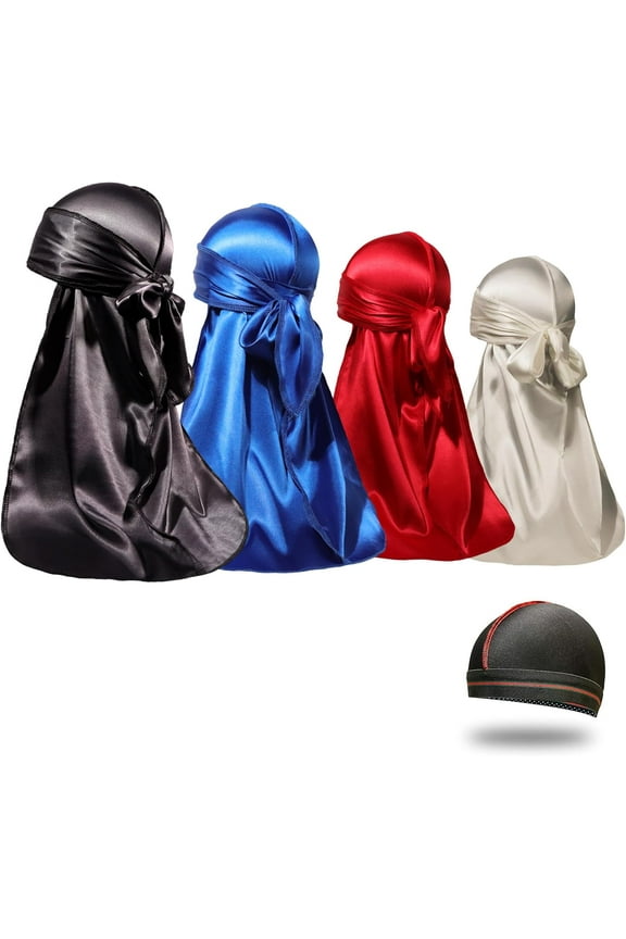 4PCS Silky Durags for Men Women 360 Waves with 1 Wave Cap, Silky Satin Durag Extra Long Tails