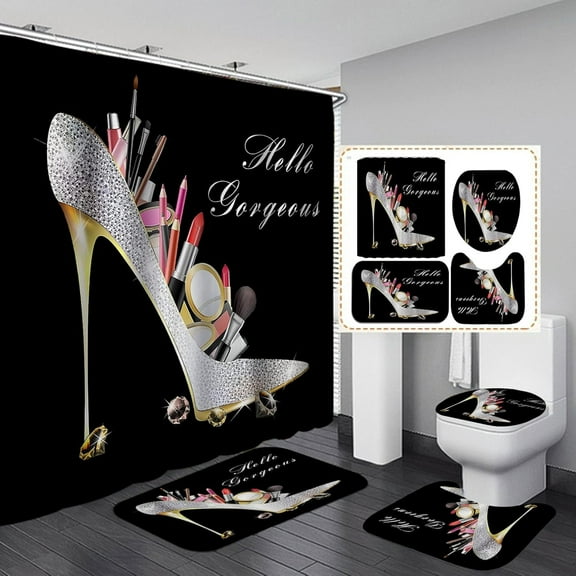 4PCS Silver Glitter High Heels Shower Curtain Set, Bling Diamond Hello Gorgeous Lipstick Makeup Cosmetic Modern Fashion Glam Bathroom Decor Fabric Black Shower Curtain Non-slip Bath Mat