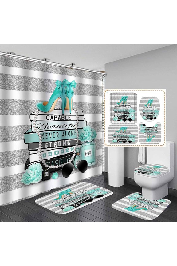 4PCS Silver and White Striped Shower Curtain Sets with Rugs, Waterproof Fabric Shower Curtain, Positive Quotes Teal High Heels Mint Green Floral Perfume Makeup Modern Fashion Bathroom Decor