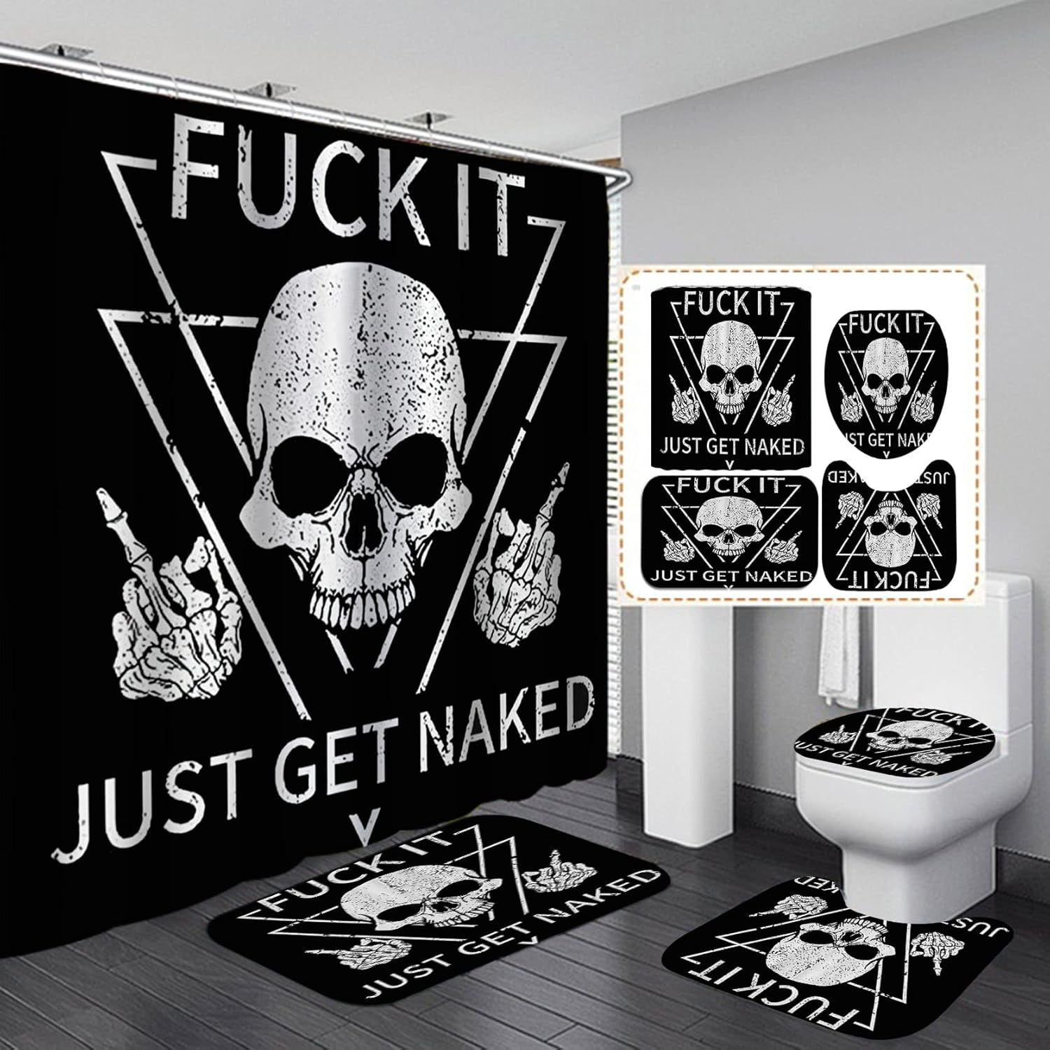 4PCS Skull Shower Curtain Set, Rock and Roll Black and White Skeleton