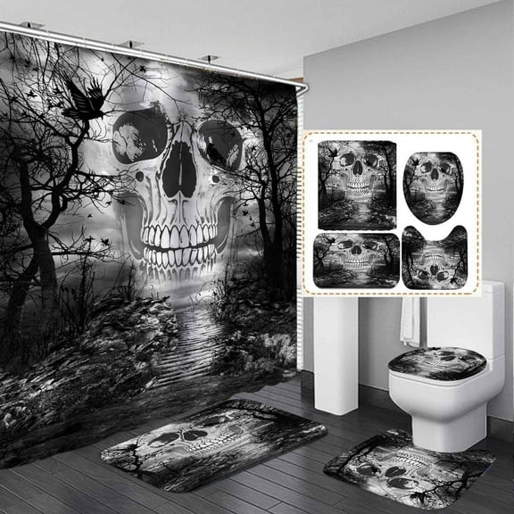 4PCS Funny Skull Shower Curtain Set, Halloween Cat Skeleton Kitten Kitty Gothic Goth Get Naked Bathroom Decor, Waterproof Fabric Black Shower Curtain, Non-slip Bath Mat Bathroom Rugs