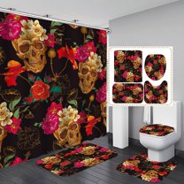 4PCS Skull Shower Curtain Set with Rugs,Fantasy Flame/Skeleton/Fires/Flowers Bathroom Sets Halloween Shower Curtains Fabric Waterproof Bathroom Curtains Shower Sets Bath Curtains for Holiday Hotels