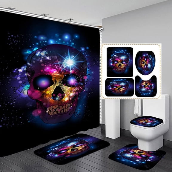 4PCS Skull Shower Curtain Set with Rugs,Fantasy Flame/Skeleton/Fires/Flowers Bathroom Sets Halloween Shower Curtains Fabric Waterproof Bathroom Curtains Shower Sets Bath Curtains for Holiday Hotels