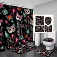 4PCS Skull Shower Curtain Set, Skeleton Moon Floral Plant Blue