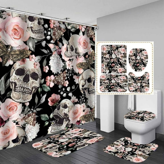 4PCS Skull Shower Curtain Set, Waterproof Fabric Shower Curtain, Non-Slip Bath Mat Bathroom Rugs, Galaxy Moon Mushroom Red Rose Flower Wildflower Green Plant Botanical Skeleton Bathroom Decor