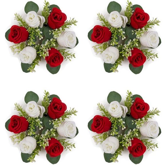 4PCS Small Candle Rings, 2.9 Inch Inner Diam Fake Roses Wreaths Artificial Flowers Wedding Centerpieces for Tables Spring Summer Wreath for Front Door Weddings Party Ceremony Home Decor