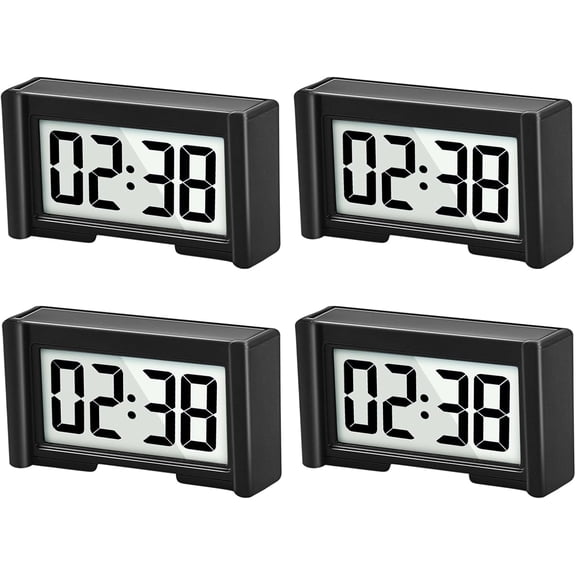 4PCS Small Digital Clock, Vehicle Adhesive Clock with Jumbo LCD Time & Day Display, Mini Car Dashboard Clock Battery Operated for Desktop Car Truck Dashboard & Air Vent (Black)