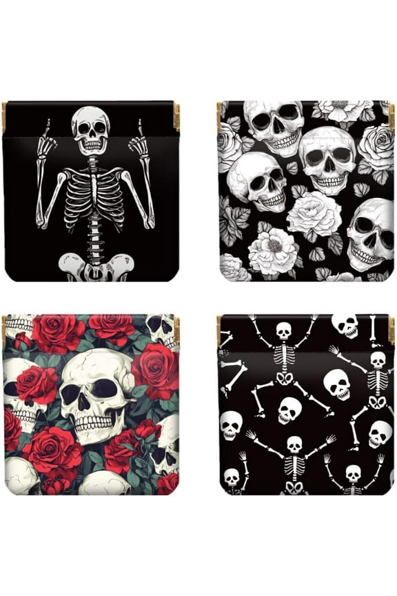 4PCS Small Leather Squeeze Coin Purse for Women - Cool Skeleton Waterproof & Durable Change Pouch Mini Money Wallet Best Gift for Granddaughter Daughter Wife Girl on Birthday Anniversary