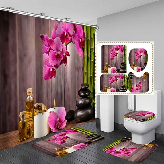 4PCS Spa Shower Curtain Sets with Rugs, Waterproof Fabric Shower Curtain, Pink Orchid Floral Bamboo Candle Black Stone Water Garden Massage Spiritual Meditation Relaxing Zen Bathroom Decor