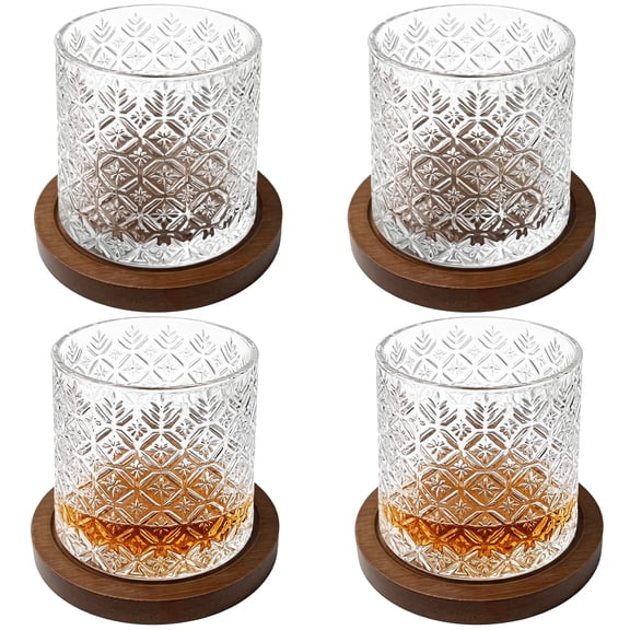 4PCS Spinning Whiskey Glasses, 9.1 fl oz Transparent Ice Textured Heavy Bottom Tumblers with Wooden Coasters, Old Fashioned Drinking Set for Cocktails Bourbon Scotch, Wedding Birthday Holiday Gift