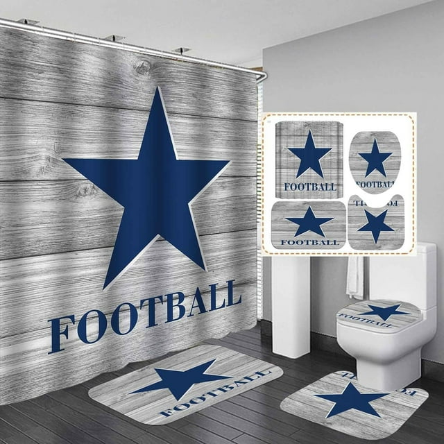 4PCS Sport Shower Curtain Set, Basketball Soccer Football Baseball Athletes Sports Theme
