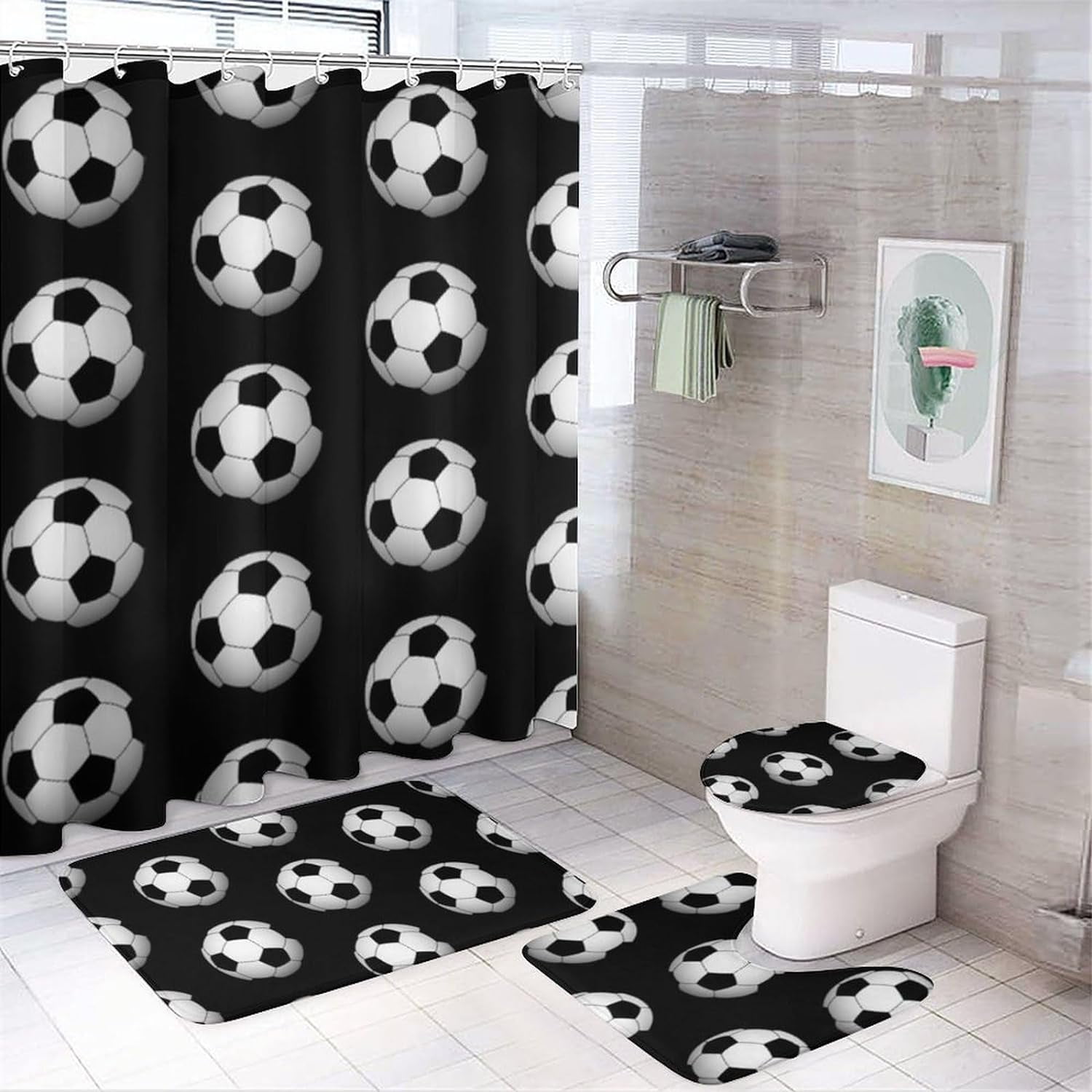 4PCS Sport Shower Curtain Set, Basketball Soccer Football Baseball ...