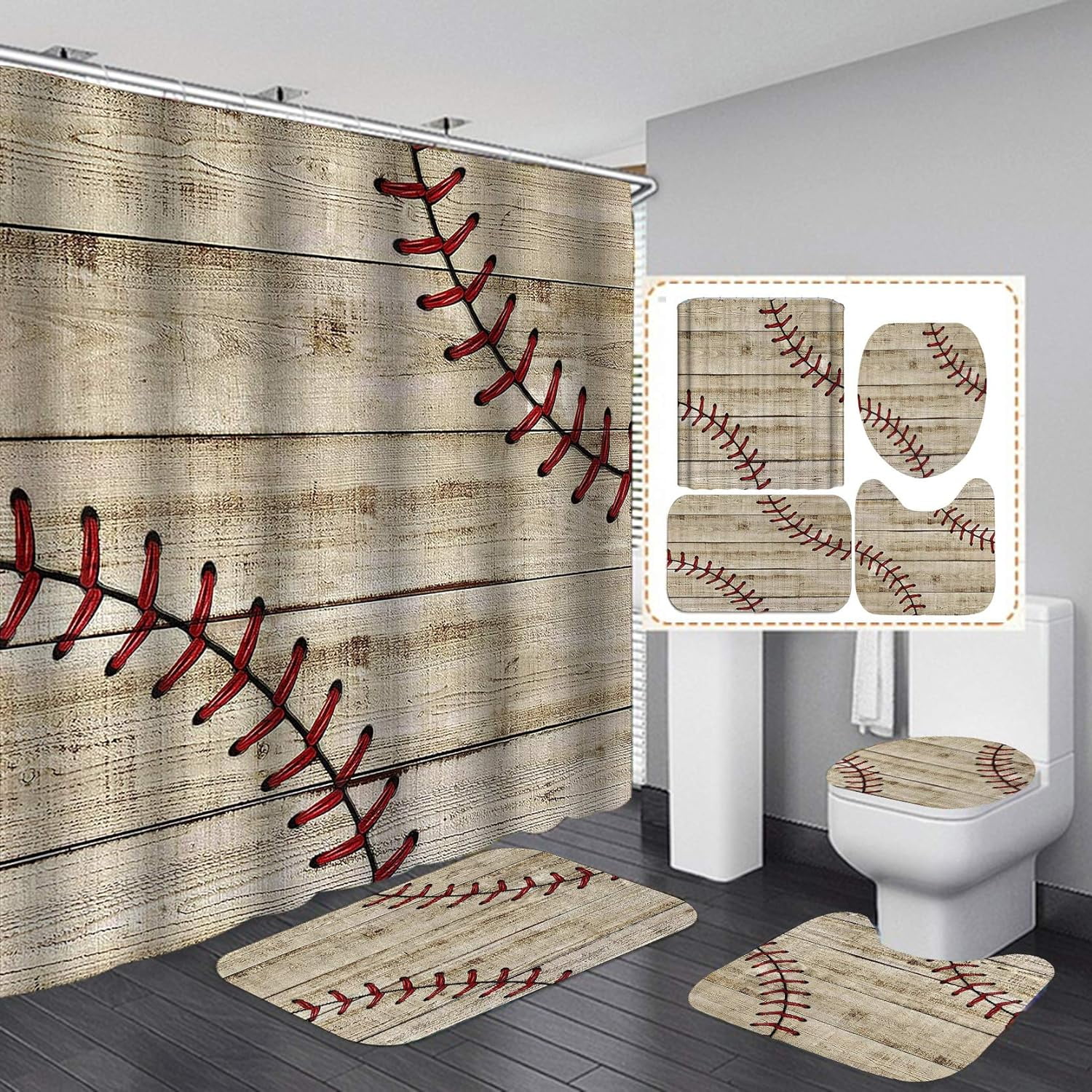 4PCS Sport Shower Curtain Set, Basketball Soccer Football Baseball