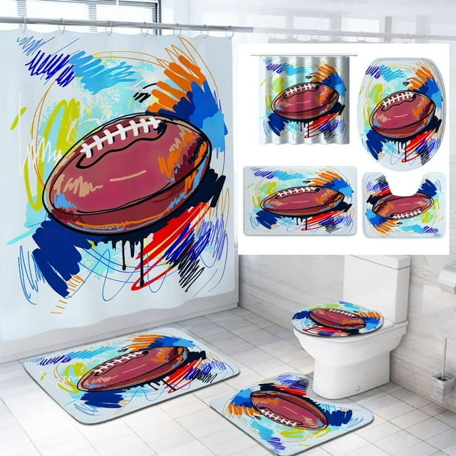 4PCS Sport Shower Curtain Set, Basketball Soccer Football Baseball