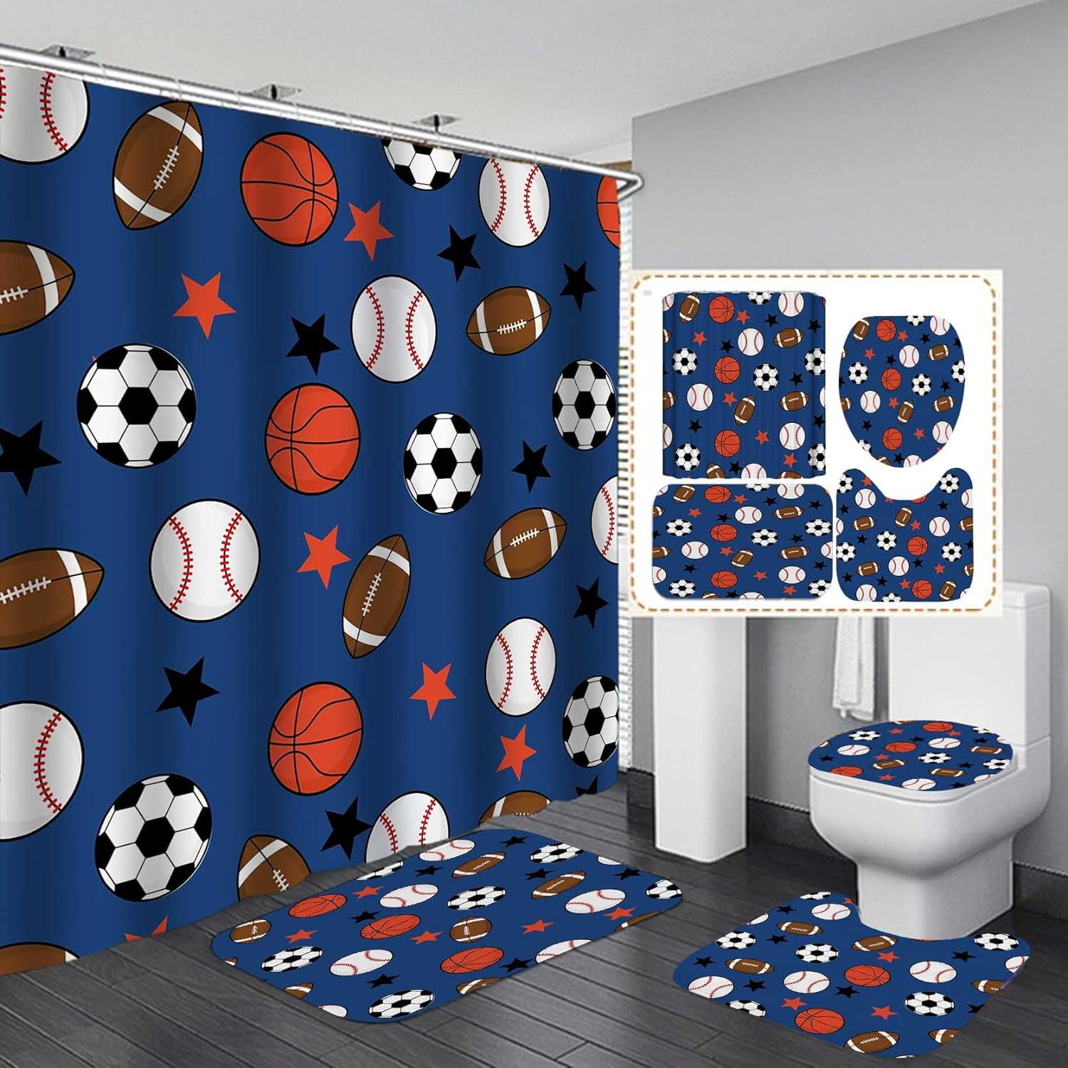 4PCS Sport Shower Curtain Set, Basketball Soccer Football Baseball