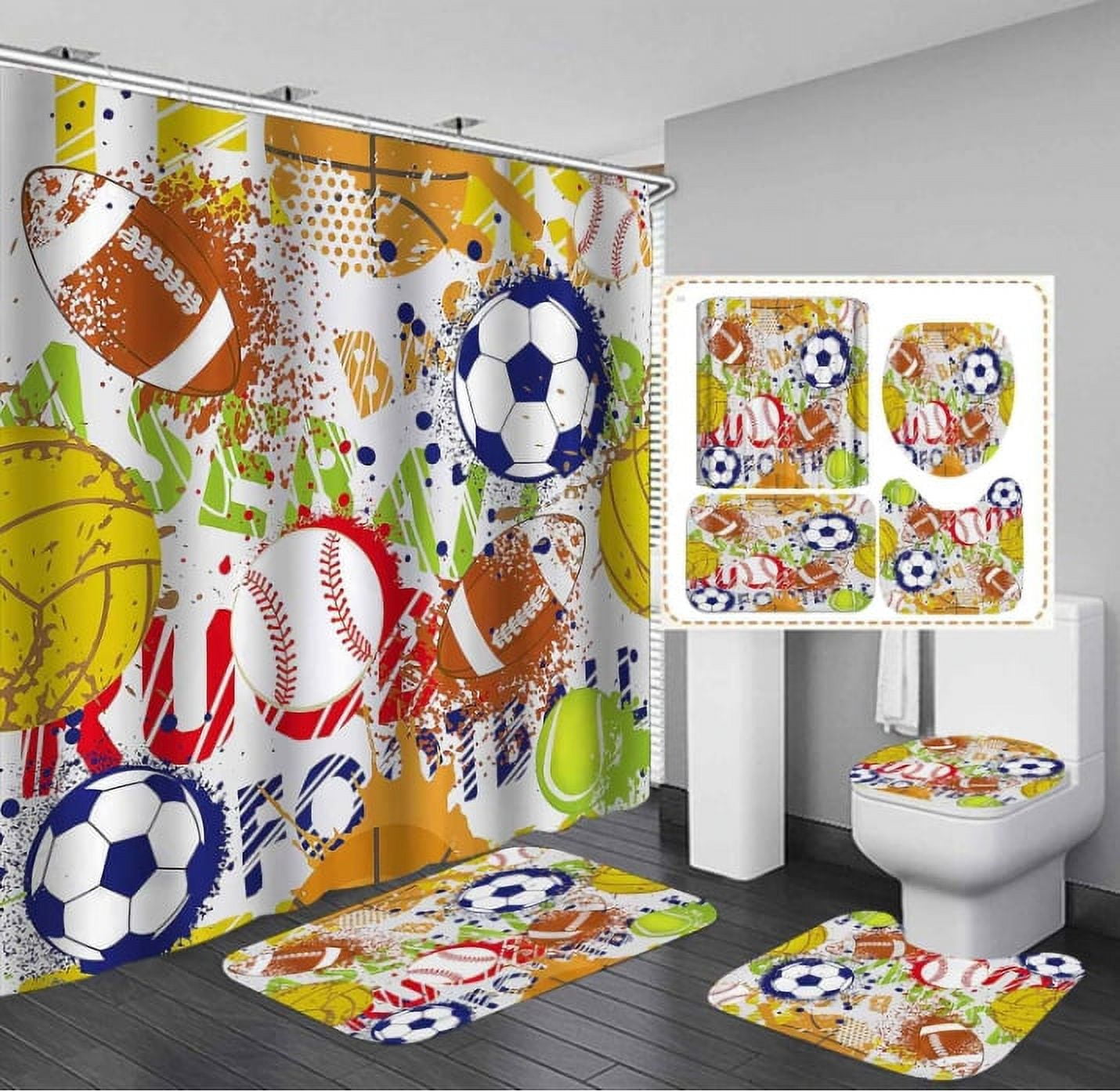 4PCS Sports Shower Curtain Set,Basketball Soccer Baseball Football Cool