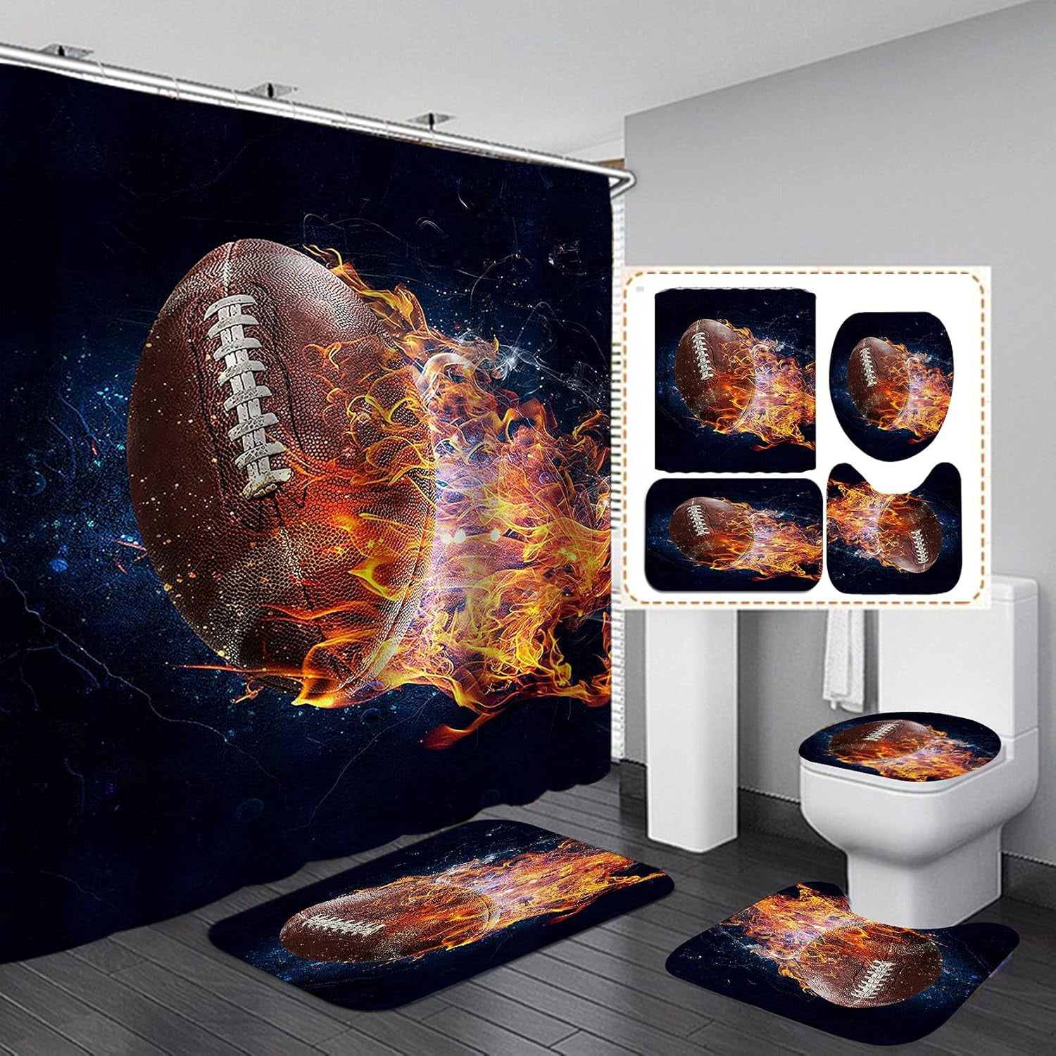 4PCS Sports Shower Curtain Set with Rugs, Baseball Inspirational Quote