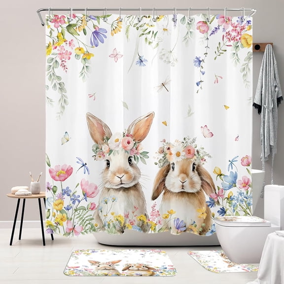 4PCS Spring Easter Bathroom Decor Shower Curtain Set with Rugs Cute Rabbit Flower Botanical Shower Curtain Spring Butterfly Bathroom Carpet Bath Mat and Toilet Rugs with 12 Hooks 72x72 Inches