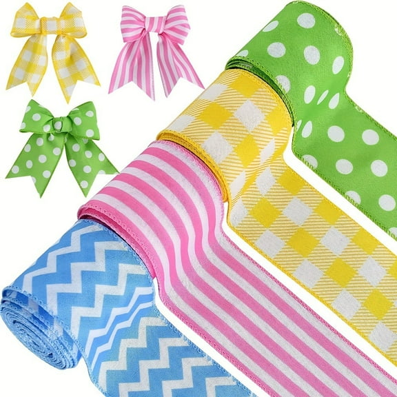4PCS Spring Easter Ribbon 20 Yards, Pastel Buffalo Plaids Craft Ribbon, Blue Yellow Pink Green Decorative Fabric Ribbon for Easter Wreath Bow Making DIY Crafts Wrapping