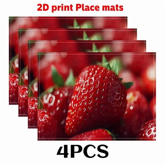 4PCS Spring-Themed Placemats, Vibrant Red Strawberries,fashion print pattern table mat, for dining table, kitchen, party, indoor, holiday, dinner parties and home decor (table mats) 12x18 Inch