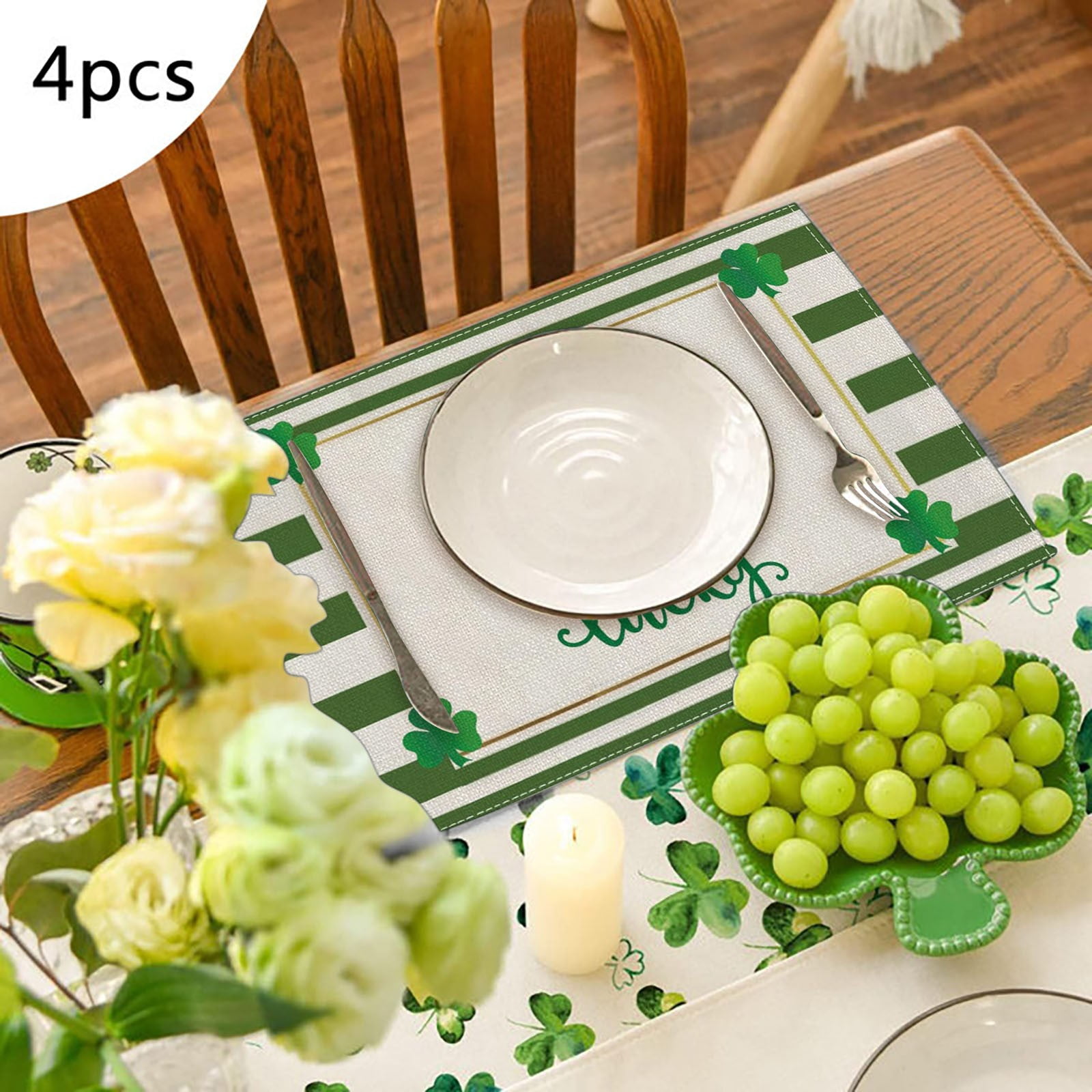 4PCS St. Patrick's Day Placemat Green Table Decoration Non Insulated