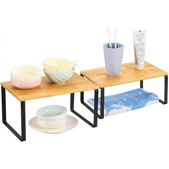 4PCS Stackable Bamboo Kitchen Shelves Racks for Counter Cupboard Pantry Storage