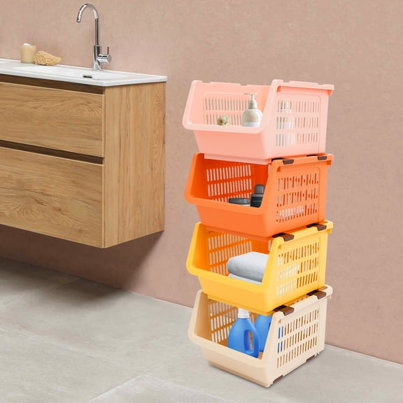 4PCS Stackable Storage Baskets, 9.5"x13.4"x29.9" Open Front Plastic Bins, Large Capacity Multi-Functional Organizer for Kitchen Garage Living Room (Orange/Yellow/Pink/Beige)