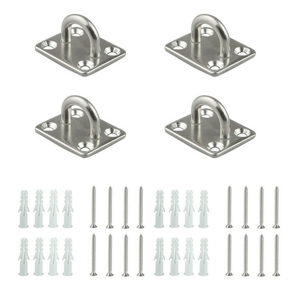 4PCS Stainless Steel Ceiling Hooks Rectangle Pad Eye Plate U Hook Heavy Duty Wall Mount Ring Hooks Marine Hanging Hardware Staple Hook Loop with Screws 5mm