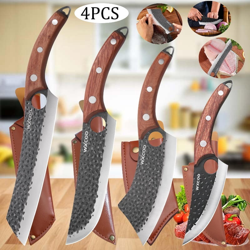 4PCS Stainless Steel Chef Knife Set with Vegetable Chopper Utility Paring Knife Multipurpose Kitchen Accessories Meat Cleaver Boning Knife Bread and Fruit Knives for Cooking and Food Preparation