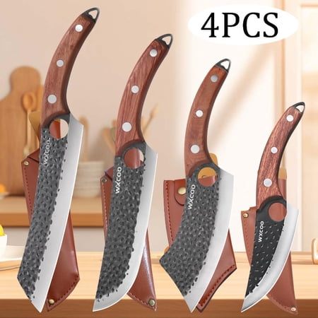4PCS Stainless Steel Chef Knife Set Vegetable Chopper Utility Paring Knife Multipurpose Knife Kitchen Accessories Meat Cleaver Boning Knife Kitchen Items Bread Knife Fruit Knives Beef Knife Forged