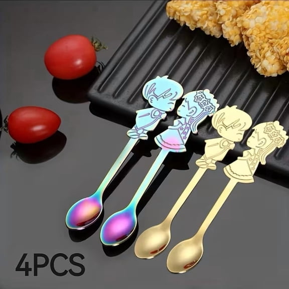 4PCS Stainless Steel Dessert Spoons Set Ice Cream Spoons, Tea Spoons, Coffee Spoons, Milk Stirring Spoons for Home, Office, Hotel, Restaurant, Cafe, Christmas, New Year, Valentine's Day Parties