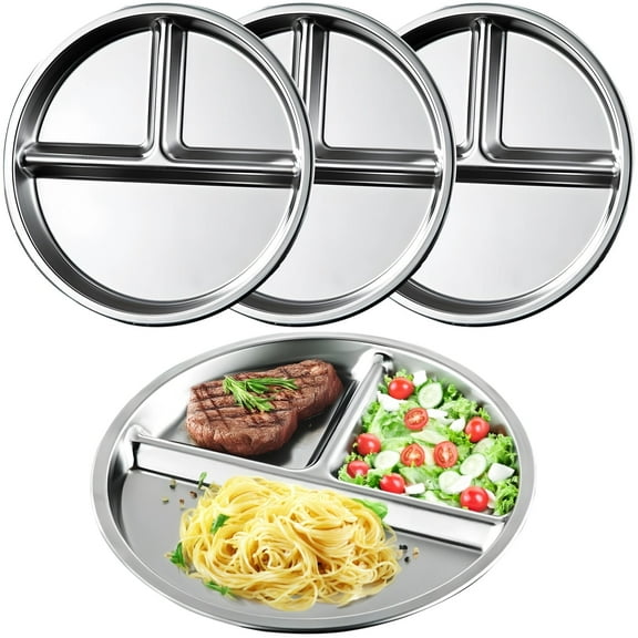 4PCS Stainless Steel Divided Plates, 3 Sections Dinner Plates, Round Portion Control Plate for Home Camping Picnic