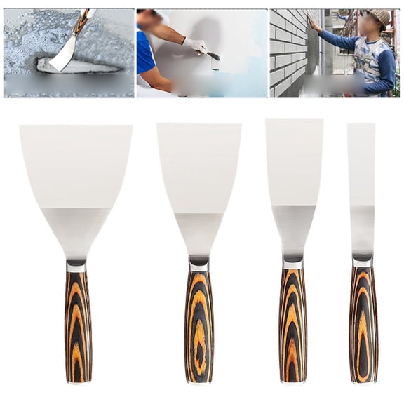 4PCS Stainless Steel Putty Shovel Set with Wood Color Handles for Drywall Repair