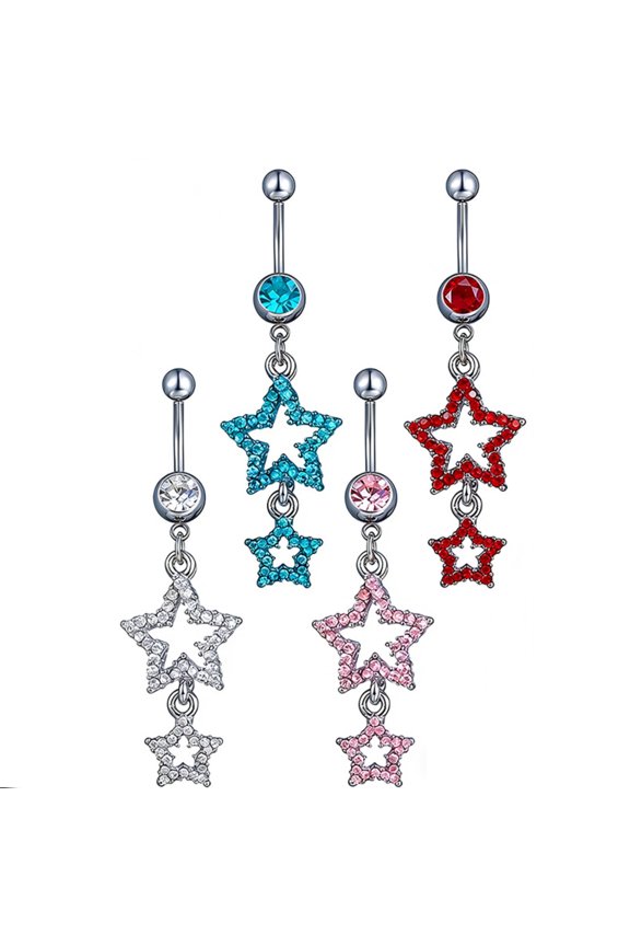 4PCS Stainless Steel Rhinestone Double Star Belly Button Rings Dangle Navel Piercing Jewelry Set, 14G CZ Crystal Star Drop Belly Rings Gift for Women Girls Birthday Anniversary